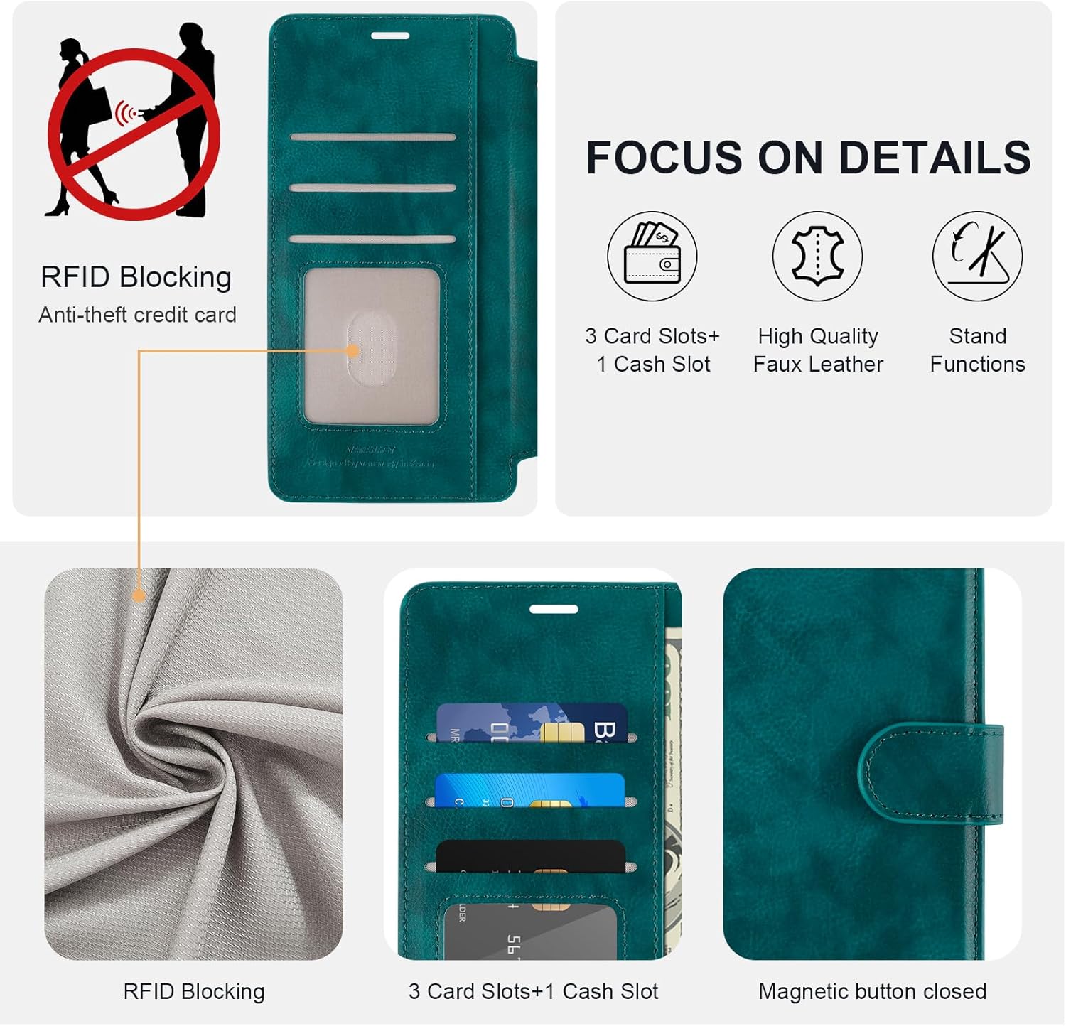 VANAVAGY Compatible for iPhone 16 Pro Wallet Case, PU Leather Flip Cover with RFID Blocking Card Holder Wrist Strap Kickstand for Wireless Charging,[Screen Protector & Camera Cover],Midnight Green