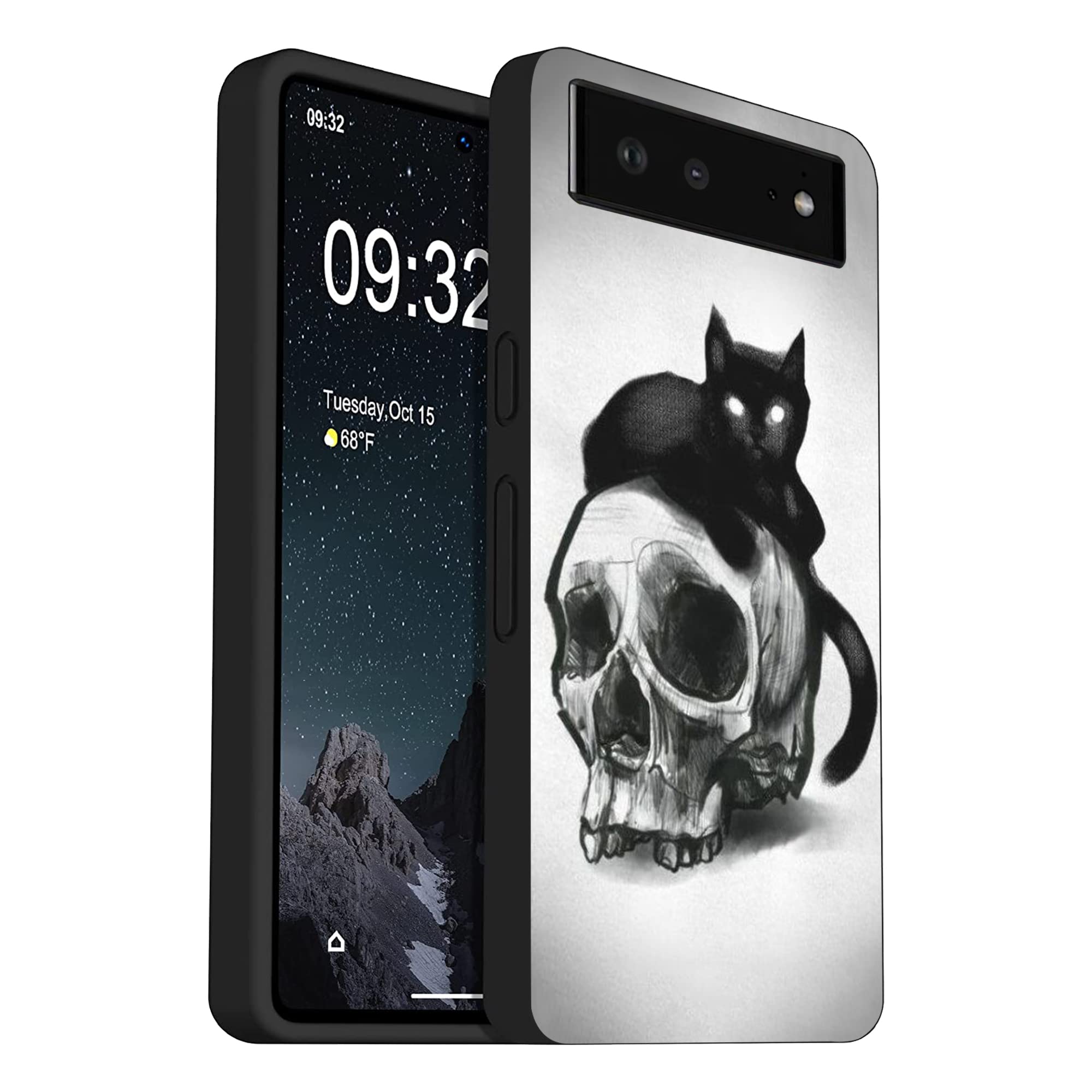 Compatible with Google Pixel 6 Case, Skull Black Cat Aesthetic Skeleton Cool Design Shockproof Soft TPU Slim Case