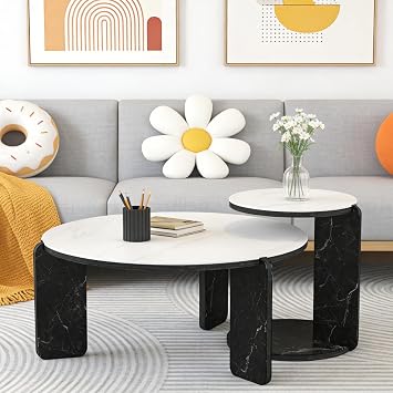 Modern Nesting Coffee Table Set of 2, 2-Piece Modern 32.68" & 16.93" Round Coffee Side Table Set with White Sintered Stone Top and Black Sintered Stone Legs for Living Room