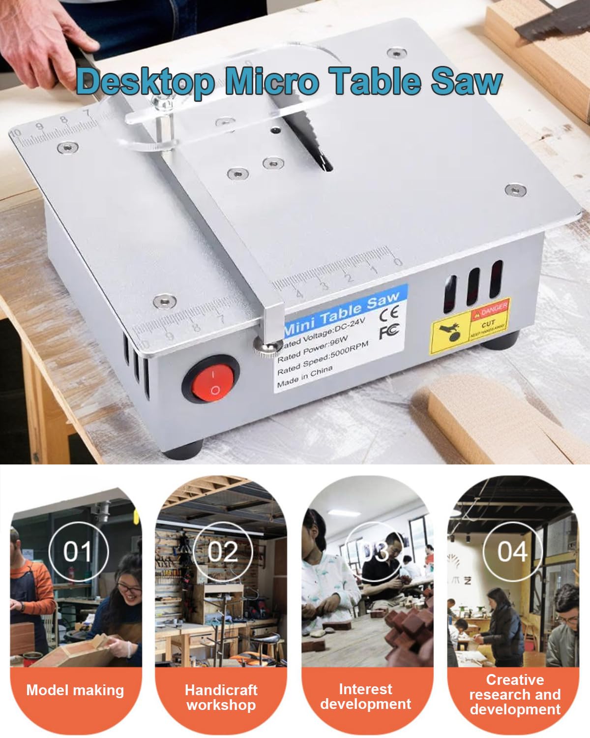 Mini piła stołowa do obróbki drewna i projektów DIY z cięciem ukośnym 45° i wytrzymałą metalową obudową