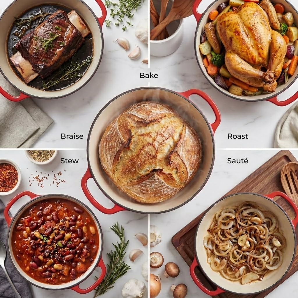 Zulay Olla holandesa de hierro fundido esmaltado de 6 cuartos con tapa, apta para horno hasta 260.0 °C, perfecta para hornear pan, guisos, estofados y cazuelas, utensilios de cocina de hierro fundido