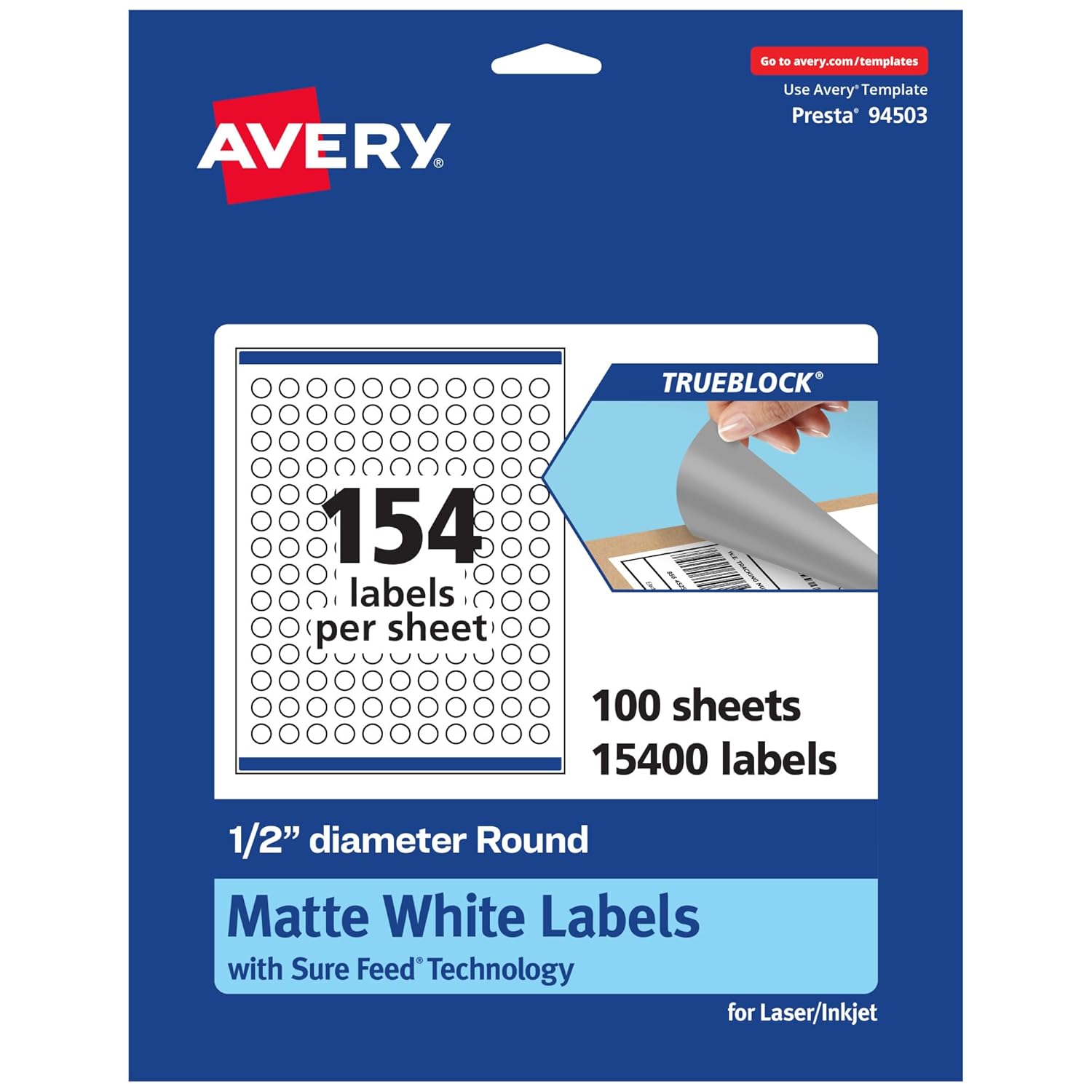 Avery TrueBlock Matte White Round Labels, Sure Feed Technology, 0.5" Diameter, 15,400 Matte White Labels, Print-to-The-Edge, Laser/Inkjet Printable, Great for Product Merchandising Stickers