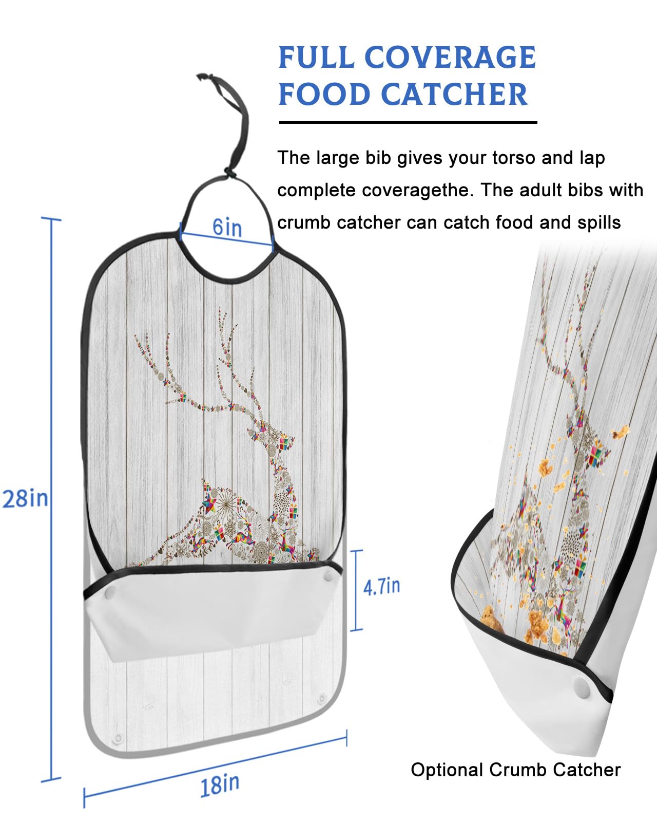 Adult Bibs for Elderly Women - Christmas Elk Waterproof Dining Clothing Protectors with Crumb Catcher for Eating/Feeding, Vintage Wooden Xmas Deer Gifts Botanical Terry Cloth Bib Machine Washable