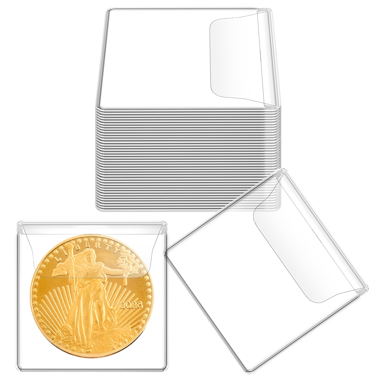 Mauproy 50PCS Single Pocket Coin Sleeves, 2.1 x 2.1 Inches Clear Plastic Coin Holders Individual Coin Protectors Small Pouches for Coin Currency Bills Collectors