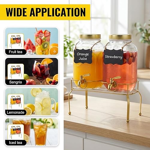 Miniatura 8 de Juego de 2 dispensadores de bebidas de vidrio de 1 galón – Dispensadores de bebidas para fiestas, dispensador de bebidas con soporte y grifo 100% a