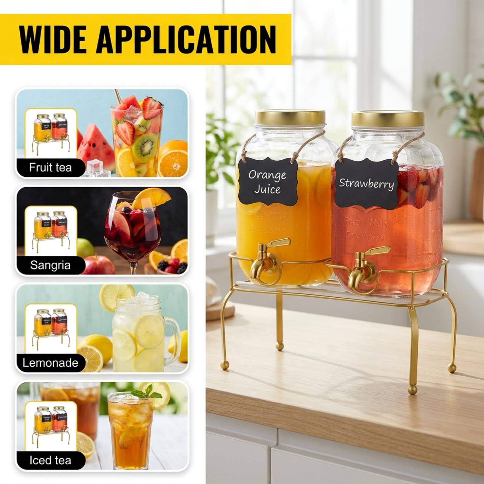 Juego de 2 dispensadores de bebidas de vidrio de 1 galón, dispensadores de bebidas para fiestas, dispensador de bebidas con soporte y espiga 100% a prueba de fugas, ideal para limonada, jugo