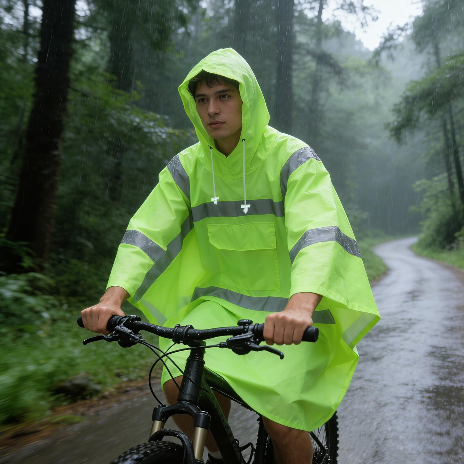 Poncho de Pluie Imperméable Réfléchissant pour Adultes avec Capuche à Cordon, Tissu Polyester Taffetas et Poche Avant Spacieuse, Randonnée Déplacements Quotidiens