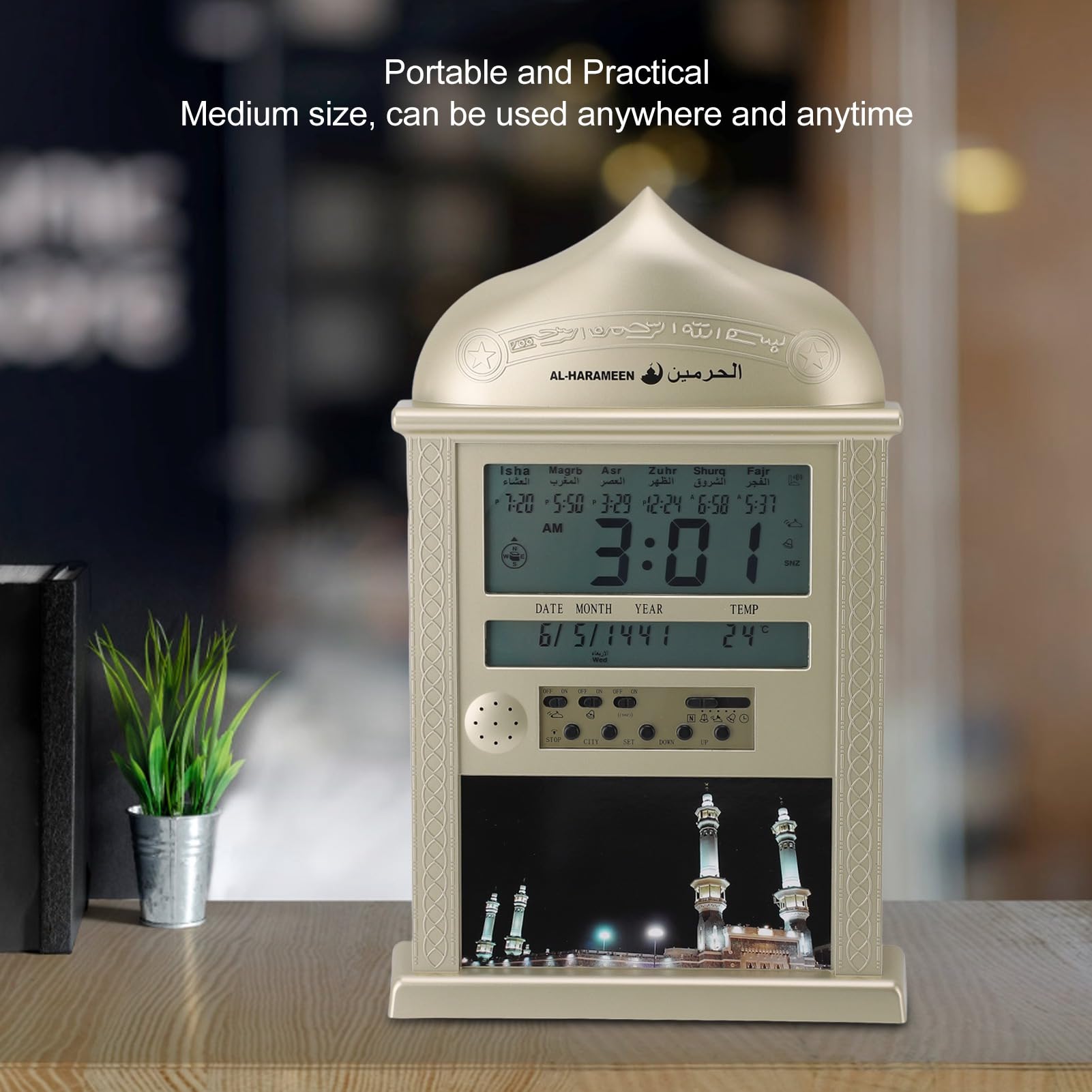 Azan Reloj, Reloj Despertador Preciso Reloj de Oración Digital Multifunción para Exhibición de Escritorio (Gold)
