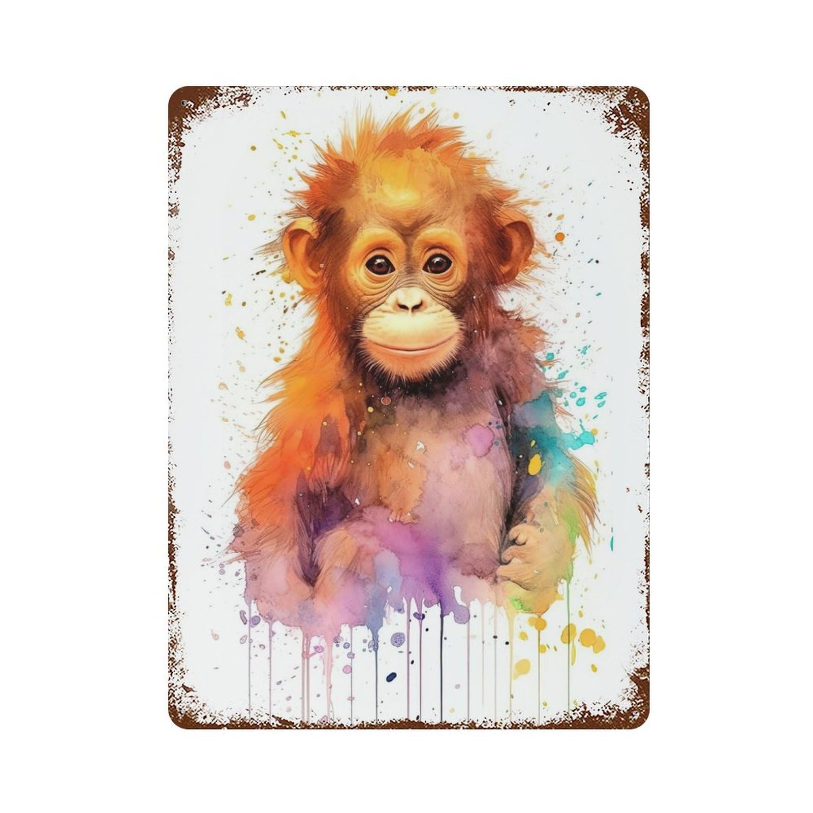 Watercolor Baby Orangutan Aged Metal Wall Plaque 15.7"x11.8", Industrial Home Decor for Pub, Kitchen And Man Cave Decor