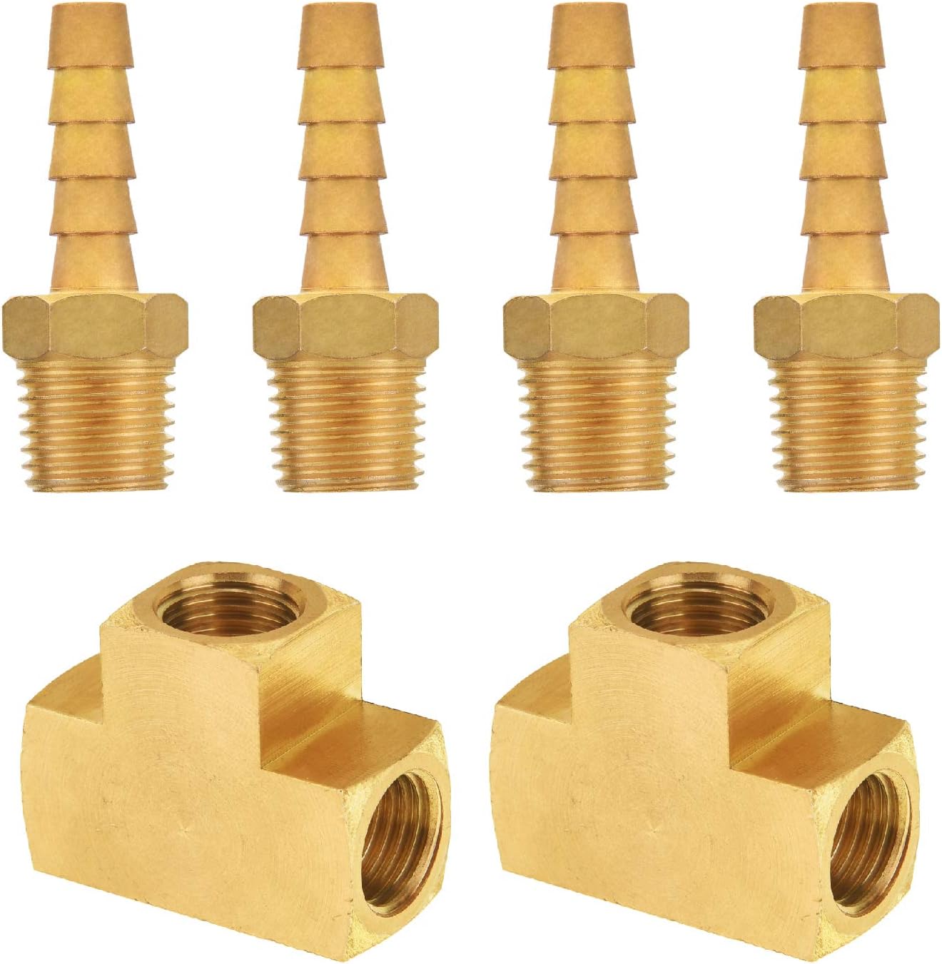 SUNGATOR 6-Pack 1/4'' Brass Pipe Fitting Kit, 1/4'' Barbed Air Hose Fitting (4 Pcs), 90 Degree 1/4'' Female NPT Barstock Tee (2 Pcs), Brass Air Fittings for Compressor Hose Repair Kit