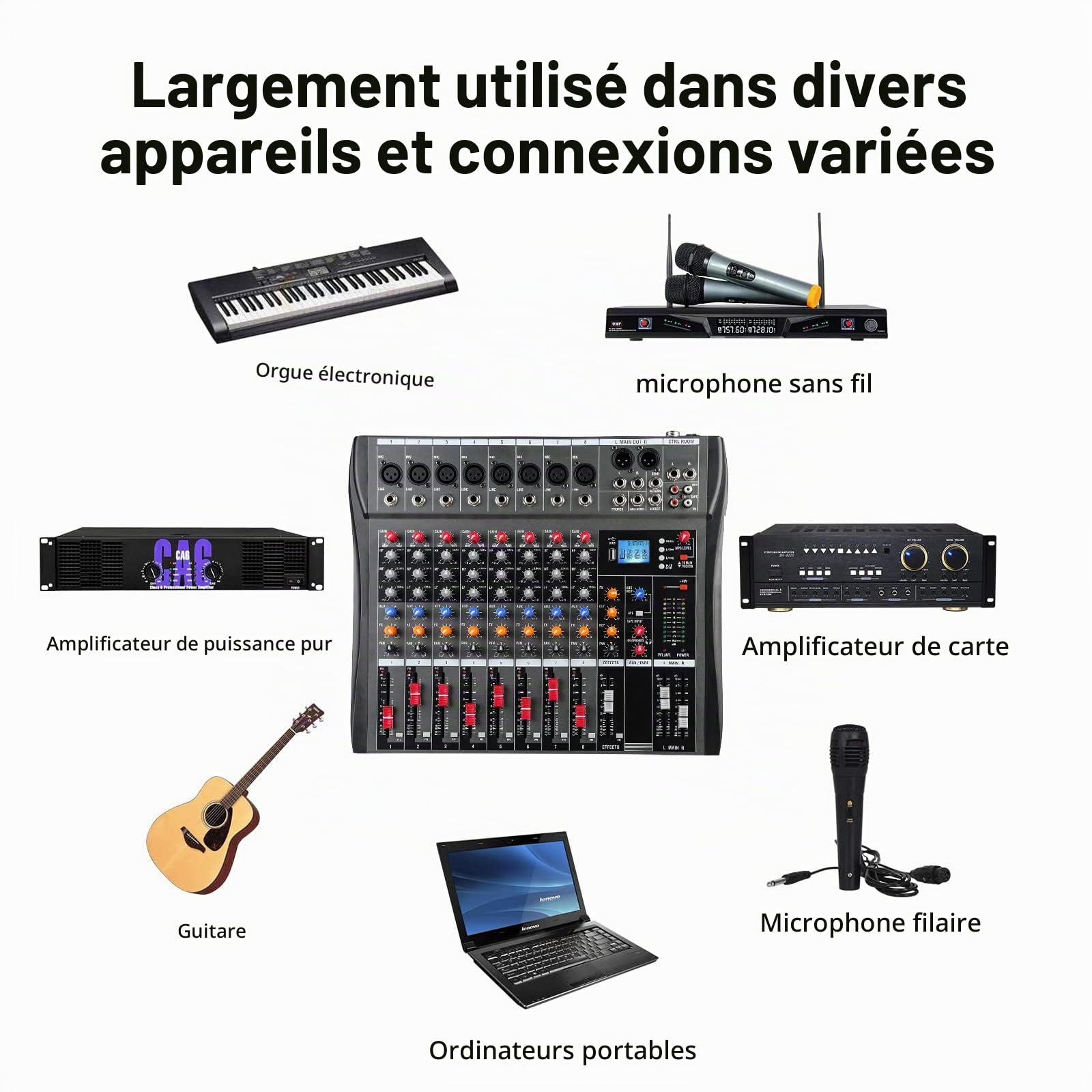 Table de Mixage Son Professionnel 8 Canaux Mixeurs DJ Console de Mixage Interface Usb de Contrôleur de Son, Mixeur Audio FX Effets Analogiques Et Alimentation Fantôme 48V Partageable Bluetooth ou MP3