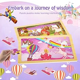 Wooden Puzzles Toys for Kids Ages 3-5, Set of 4 Packs with 20-Piece Unicorn Mermaid Princess Wood Jigsaw Puzzles, Preschool Educational Brain Teaser Toys for Girls 3 4 5 6 Years Old.
