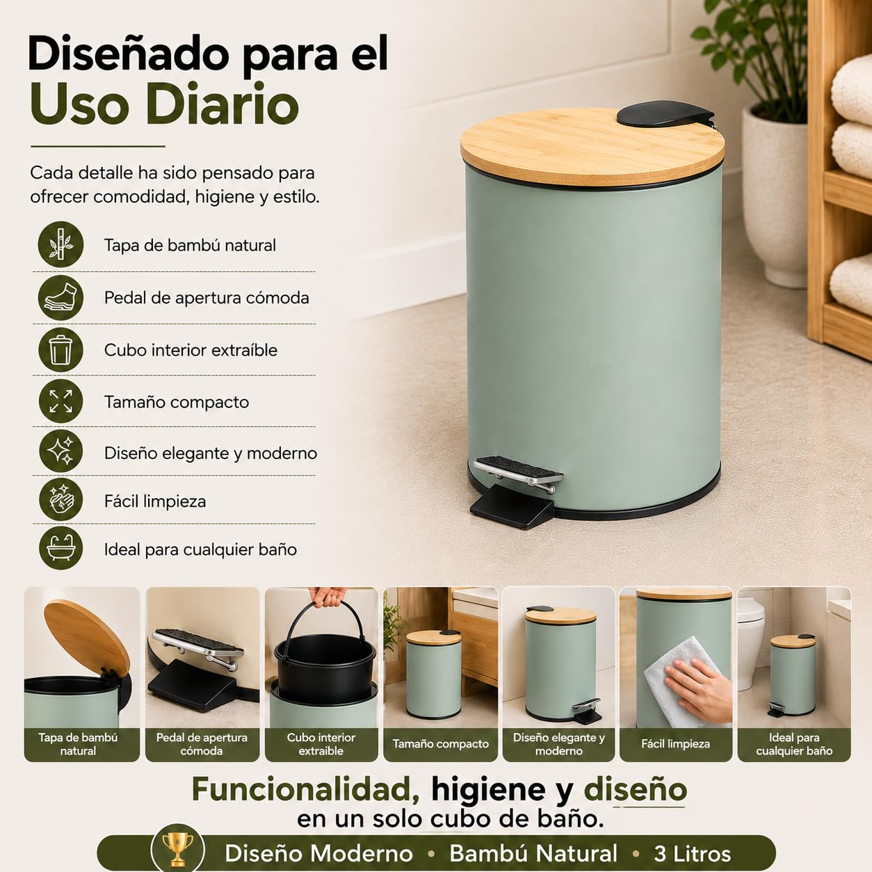 TIENDA EURASIA – Cestino bagno | metallo + coperchio in bambù | capacità 3 l | misure 17 x 21 x 23,5 cm e secchio interno 16,8 x 16,8 x 18,2 | con pedale (verde menta)