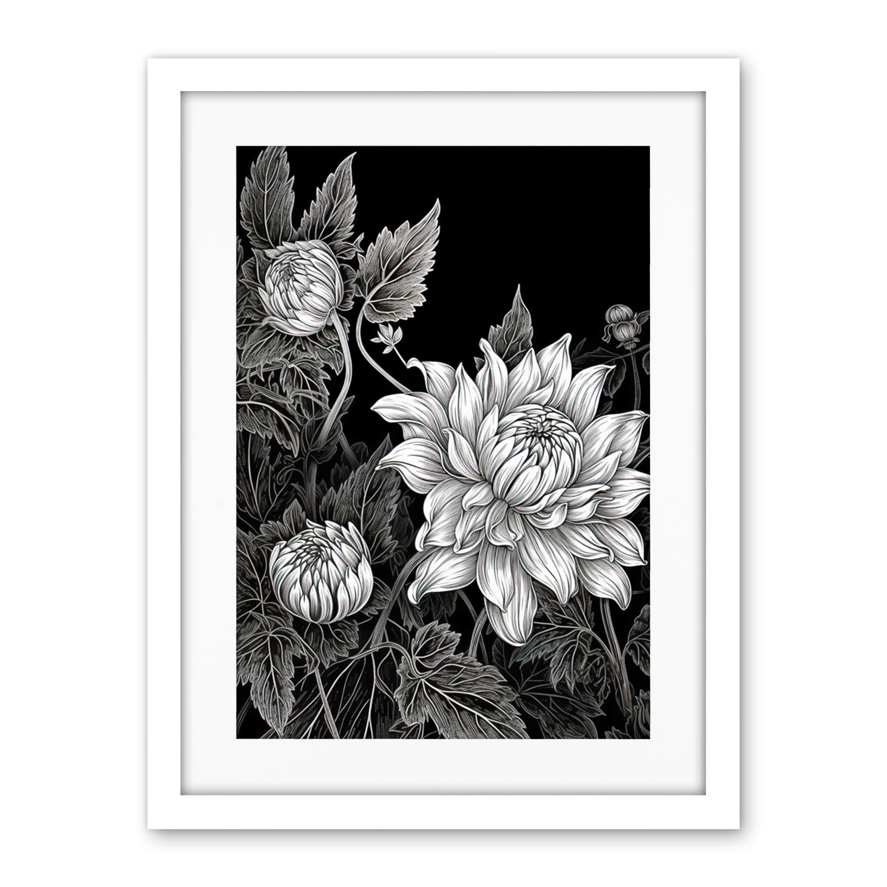 Artery8 Detailed Black and White Dahlia Flower Blooms Artwork Framed Wall Art Print 18X24 Inch