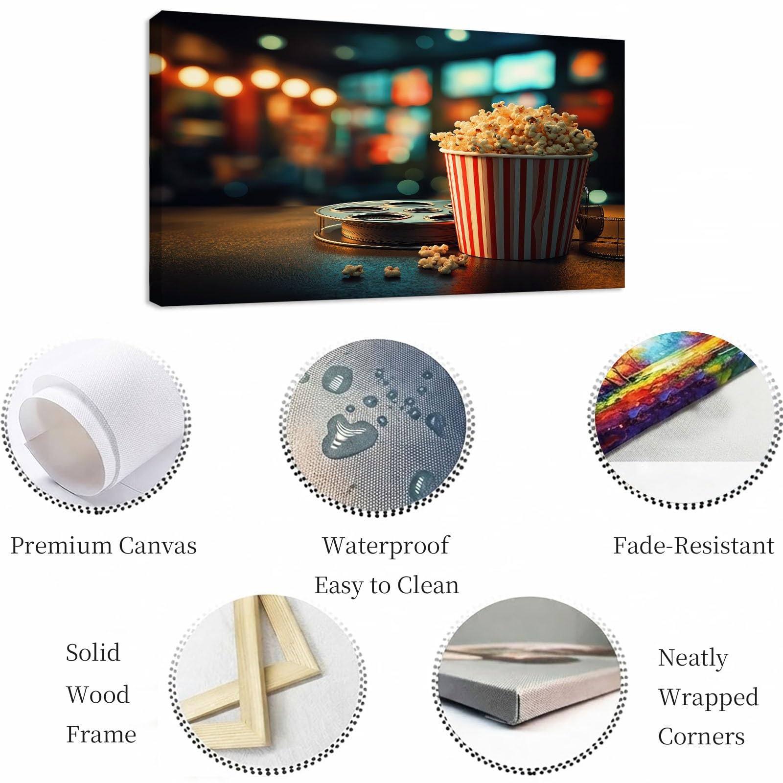 Leinwandbild 120 x 80 cm Wandbild Retro - Bild auf Leinwand mit Braun Film Popcorneimer, Wanddeko für Wohnzimmer, Schlafzimmer, Büro Deko Zimmer