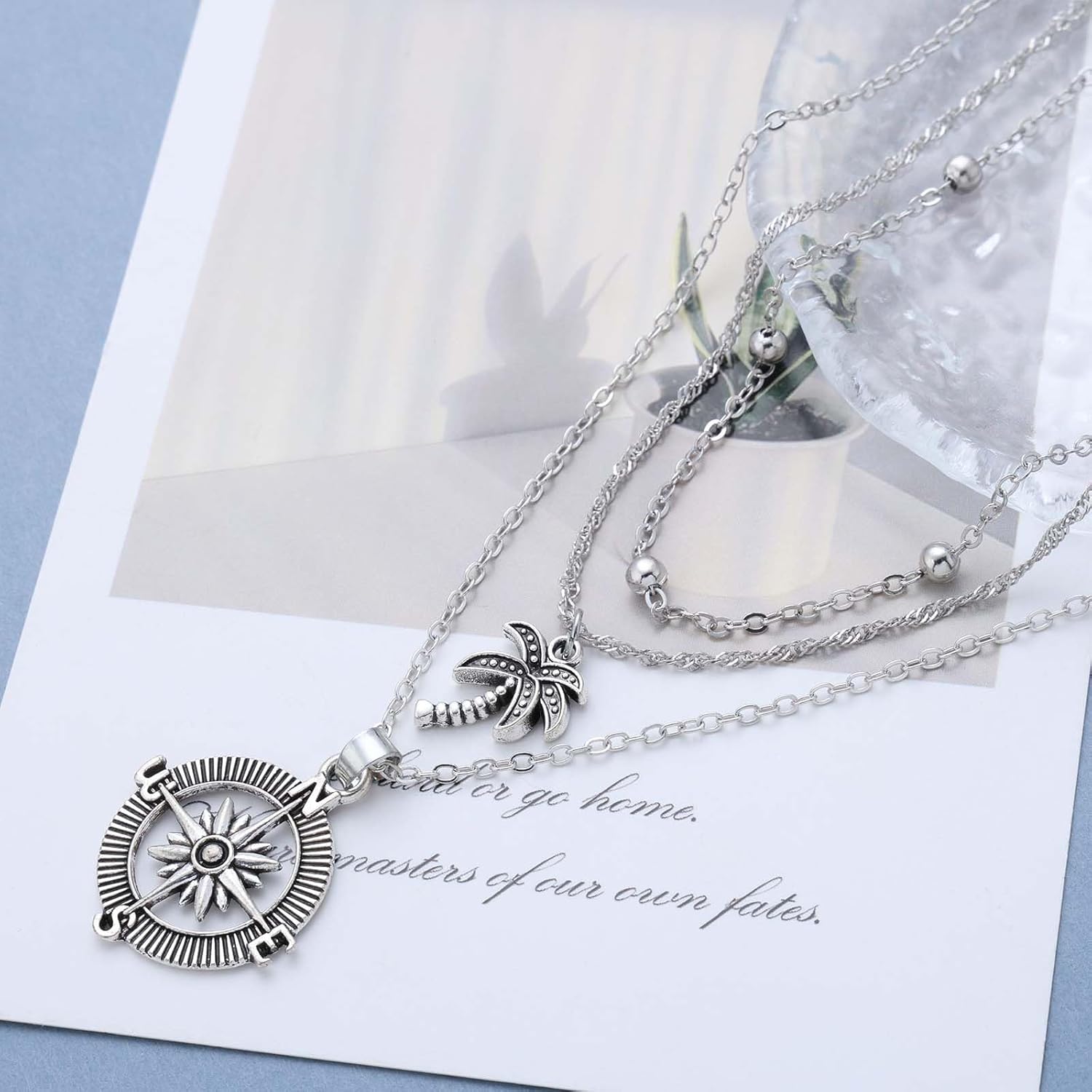 Andelaisi Boho Palm Necklace Choker Layered Palm Tree Necklace Vintage Compass Pendant Necklaces Multilayer Satellite Chain Necklaces for Women - Image 4