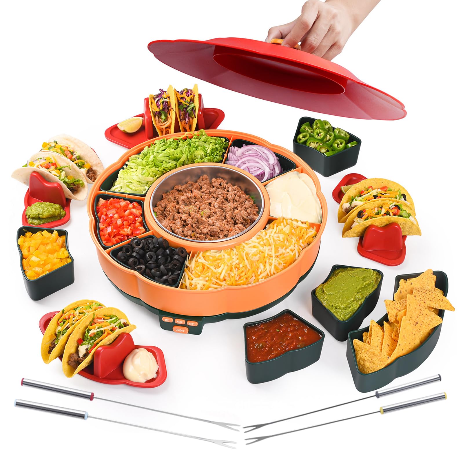 Zestaw Serwisowy Lazy Susan Taco Bar, Obracany 360° Zestaw Taco Tuesday Z 6 Wyjmowanymi Tacami & 4 Uchwytami Na Taco, Podgrzewany Garnek Z 3 Poziomami Temperatury Do Tacos, Nachos, Burritos, S’mores