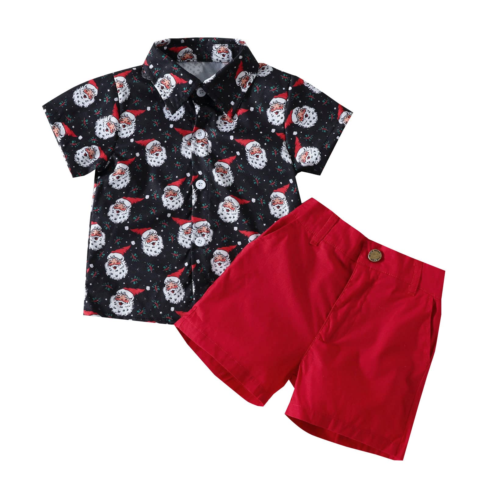 RNTOP Toddler Baby Boy Christmas Clothes Kids Santa Print Short Sleeve Button Down Shirt Tops Shorts (Red, 2-3 Years)