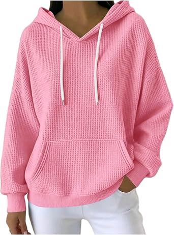 Womens Waffle Knit Hooded Sweatshirt, Oversized Long Sleeve Pullover Hoodies Tops Casual Fall Outfits
