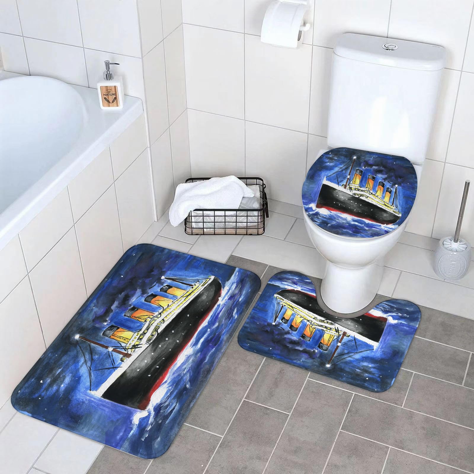 Set di 3 tappetini da Bagno, Lavabili in Lavatrice e Antiscivolo, tappetini in Morbida Fibra Superfine. Questo è Lo Schizzo di Una Nave. Illustrazione a Colori Adatta ai Bambini.