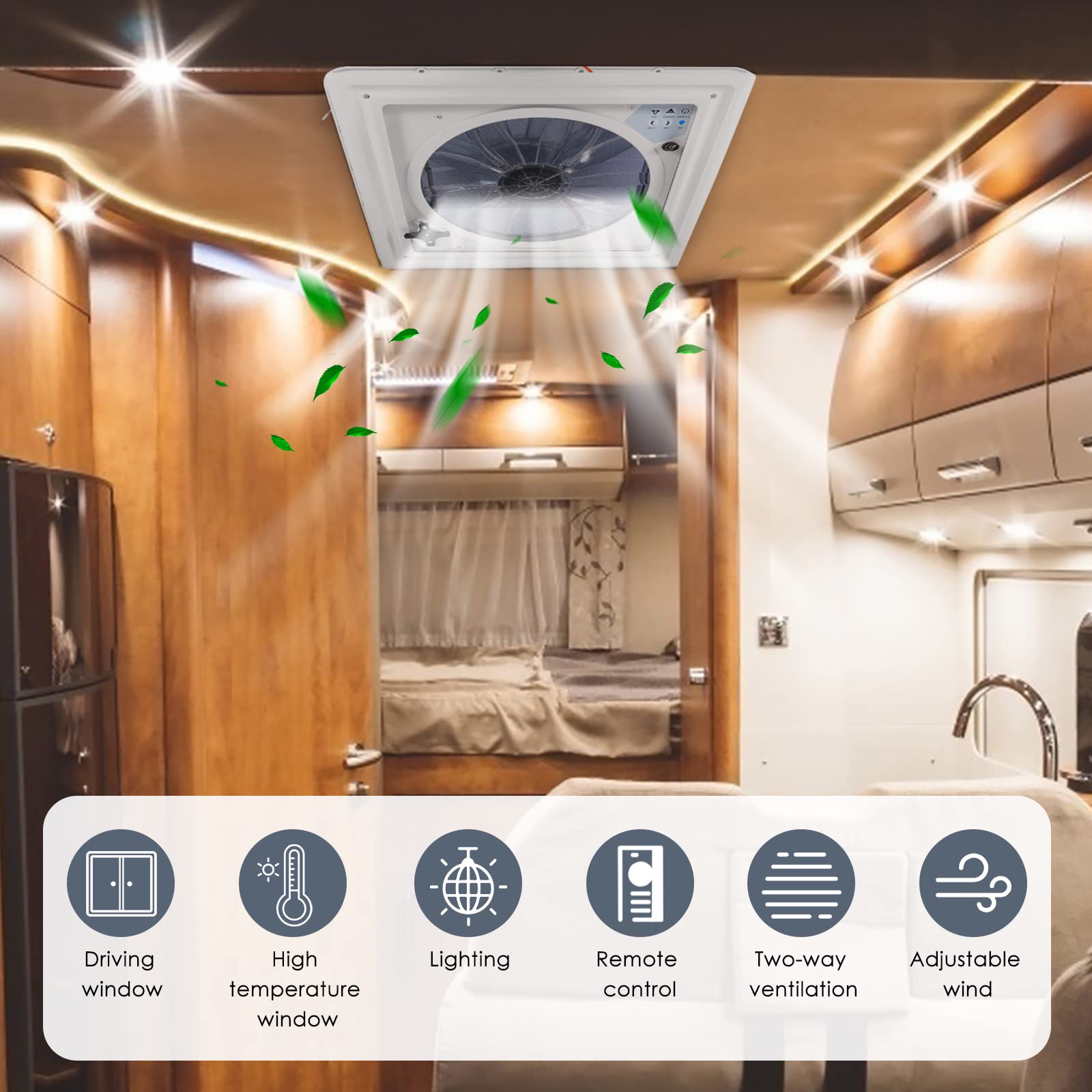 Ventilador para Caravanas De 12V, potente ventilador reversible de 10 velocidades,Nivel de ruido ultrabajo de escape reversible,con mando a distancia y sensores de lluvia