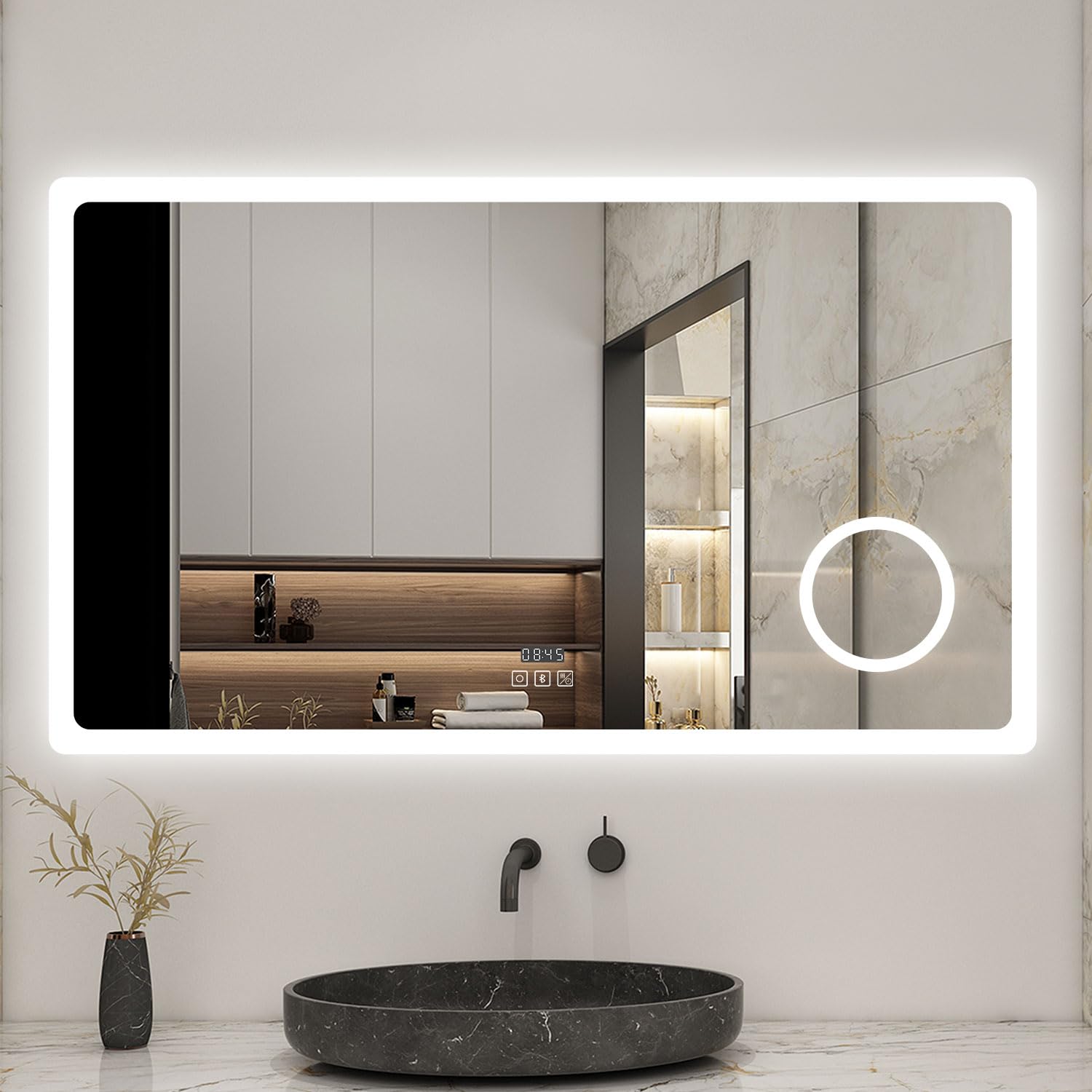 LED Wandspiegel 140x80cm Touchschalter Beschlagfrei Badspiegel mit Beleuchtung Bluetooth Uhr 3X Schminkspiegel 3 Lichtfarbe 3000-6500K Dimmbar IP44
