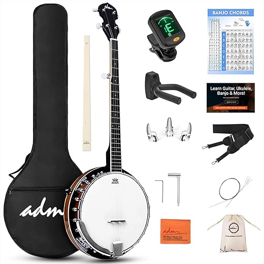 ADM Banjo 5 String Full Size Acoustic Electric Banjoes Set Remo Drum, Geared 5th Pegs Beginner Banjo Kit w/EQ Resonator Open or Closed Back, Starter Package Accessories Online Lessons for Adult,Brown