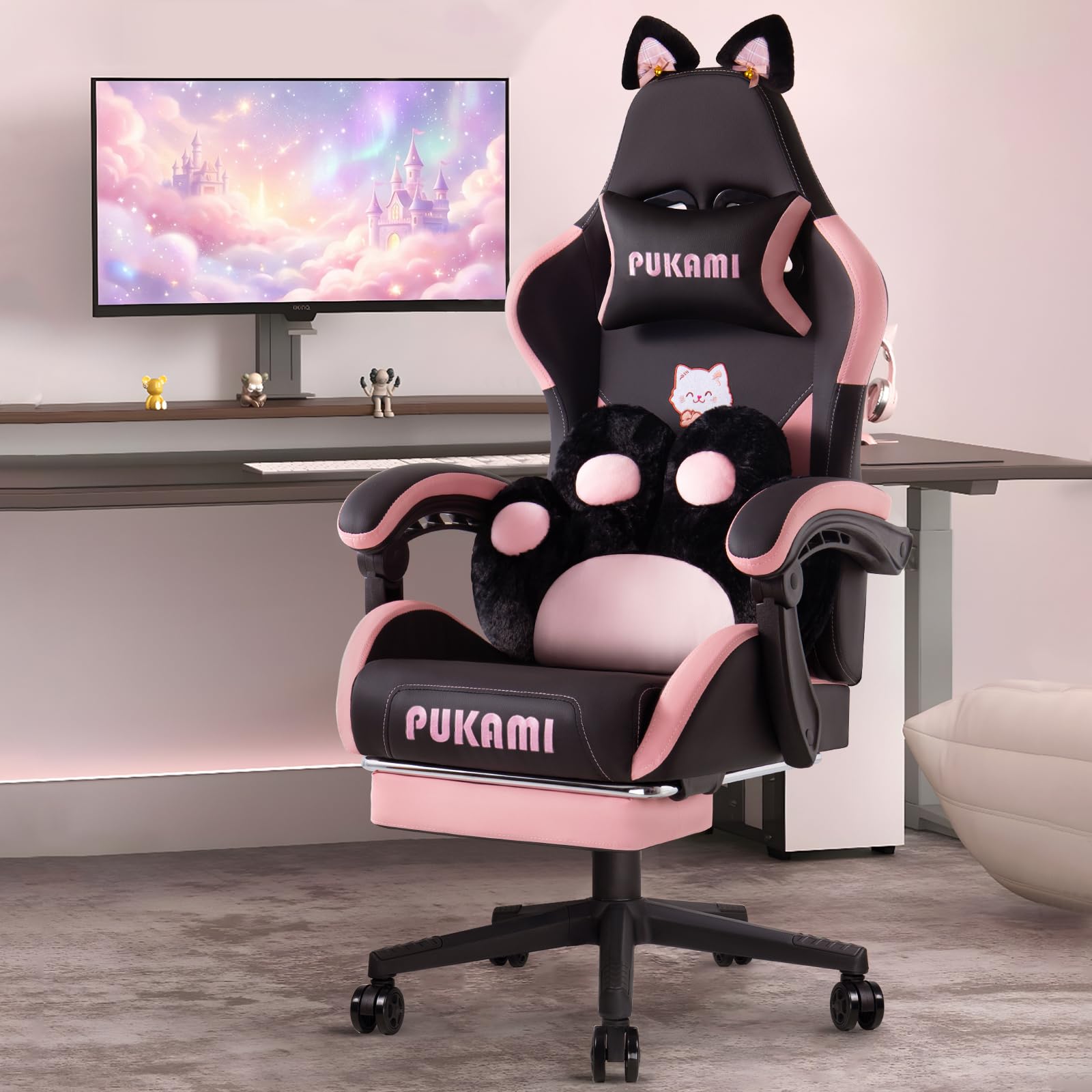 Waleaf Gaming Stuhl mit Fußstütze, Ergonomischer PC-Stuhl, Gamer Sessel aus Leder mit Lendenkissen Kopfstütze, Verstellbarer und Drehbarer Schreibtischstuhl für Erwachsene, Teenager, 140KG, Schwarz