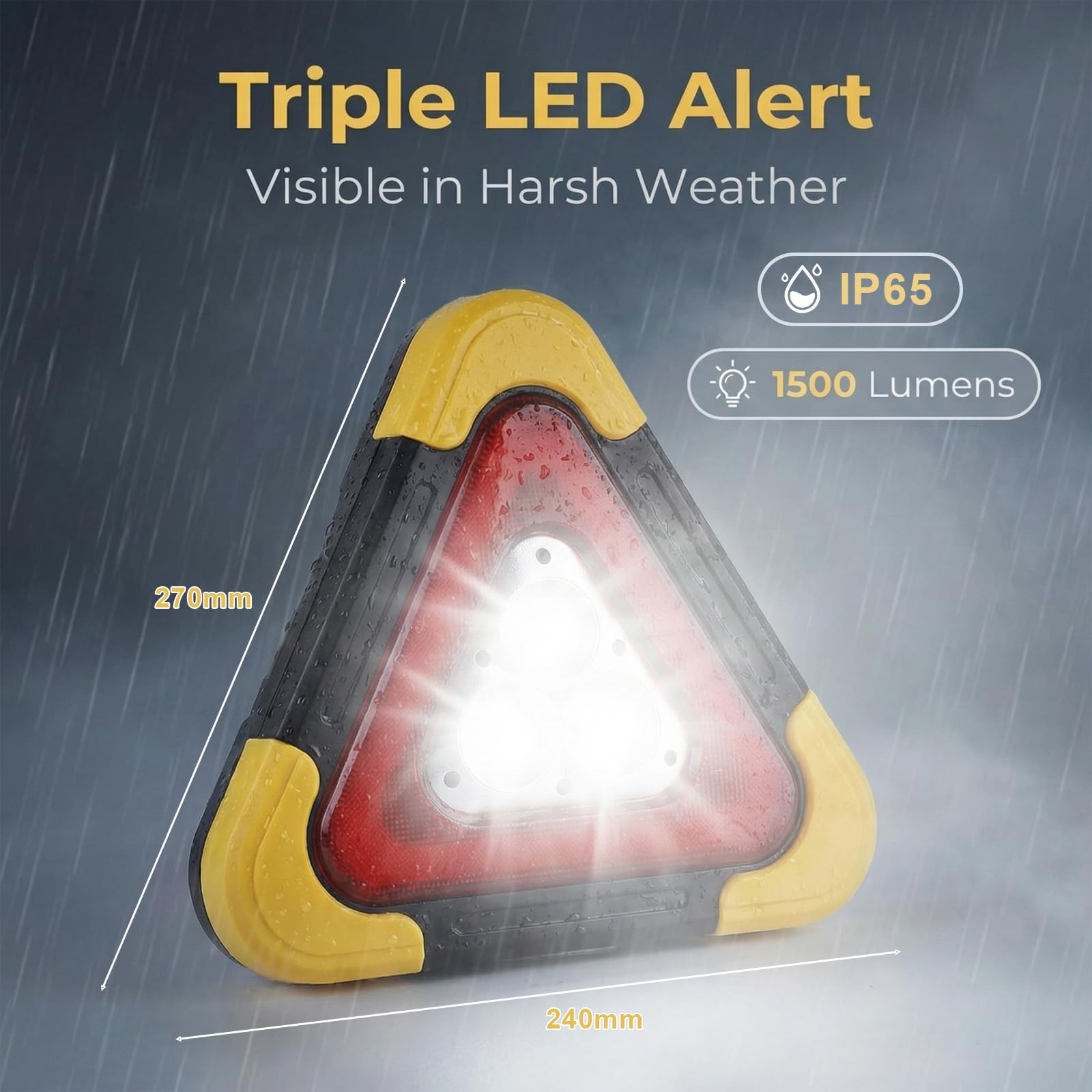 Triangolo di Emergenza per Auto XL 27cm – 1500 Lumen, LED COB+36 LED, Ricaricabile Solare/USB, 3 modalità, IP65 Impermeabile, per Avviso Guasto, Sicurezza Stradale