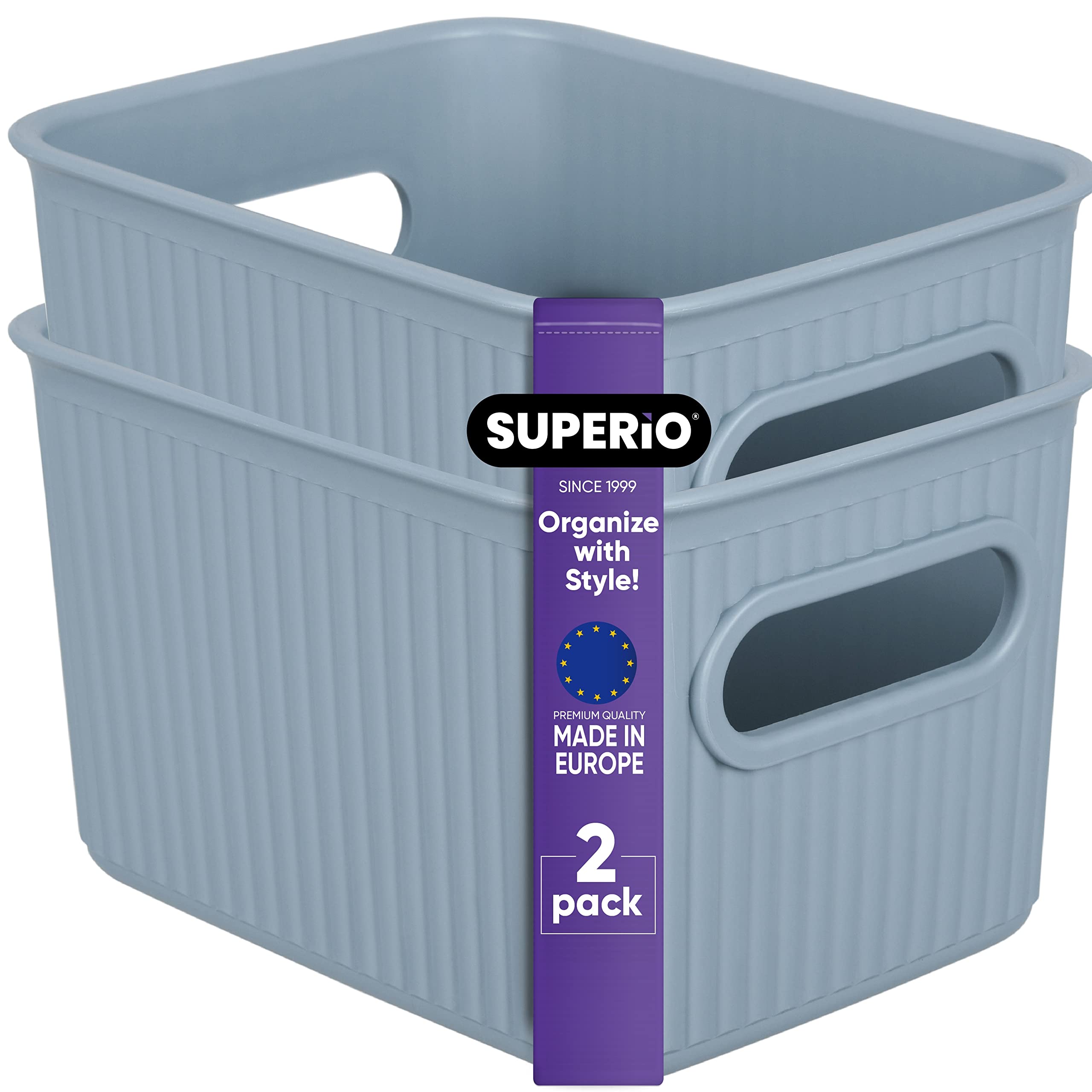 Superio Ribbed Collection - Decorative Plastic Basket Open Home Storage Bins Organizer, Small Blue (2 Pack) Container Boxes for Organizing Closet Storage Bins for Shelves Drawer Shelf 1.5 Liter