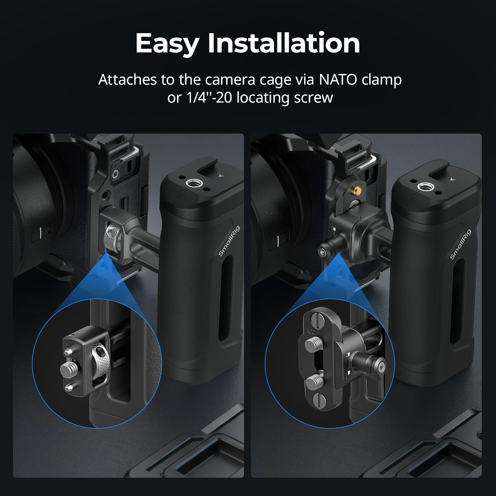 SMALLRIG Empuñadura Lateral Mini con Riel NATO o Rosca 1/4"-20, Agarre Ergonómico para Mano Izquierda o Derecha, Ajuste Vertical 30mm, con Zapata Fría y Rosca - 5948
