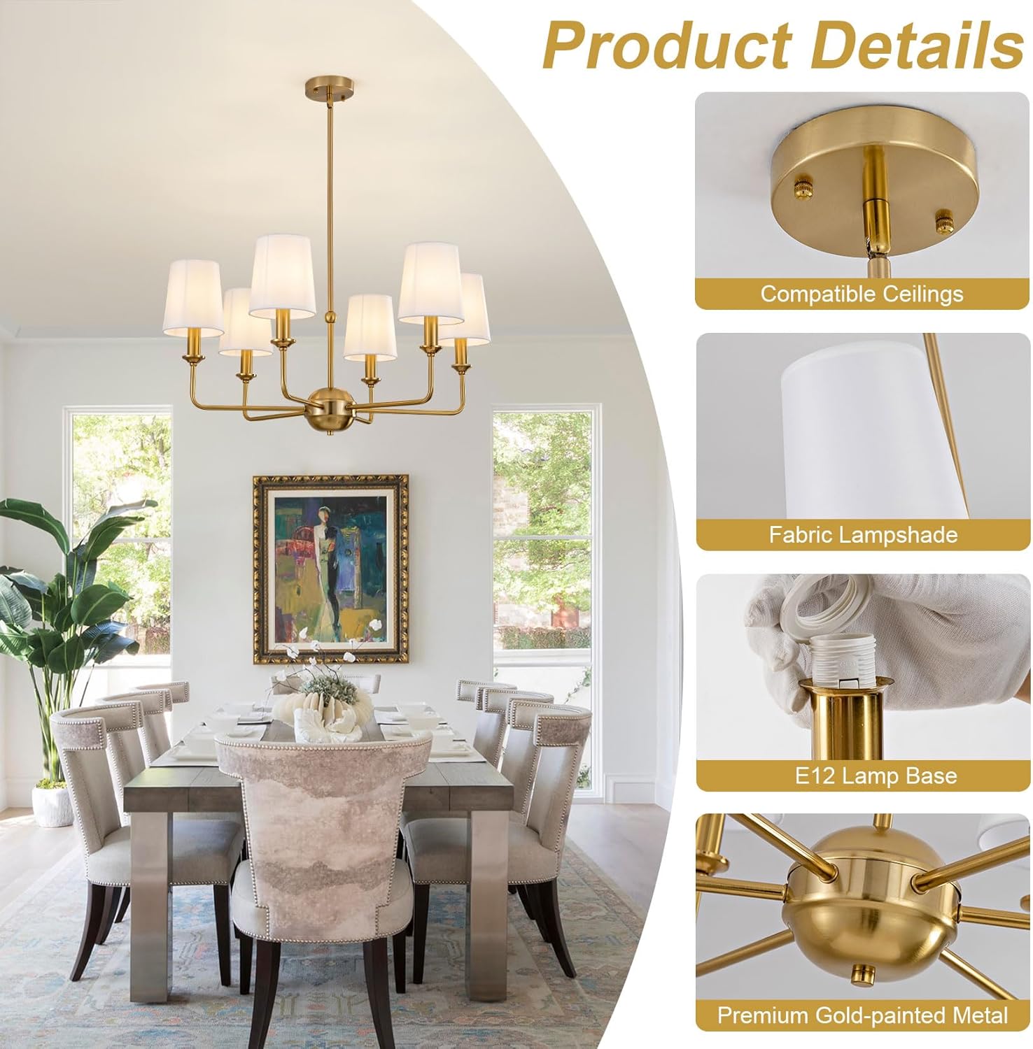 Brushed Gold Chandelier 6-Light Modern Chandeliers with White Fabric Shade Brass Farmhouse Chandelier for Dining Room Kitchen Island Living Room Bedroom Entryway
