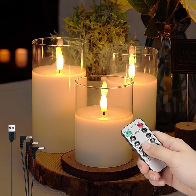 SORALEK 3-Pack Rechargeable Flameless Candles with Remote Control and Timer Function, 3D Realistic Flickering Flames, USB Battery Powered for Christmas Home Decoration Wedding Party Holiday