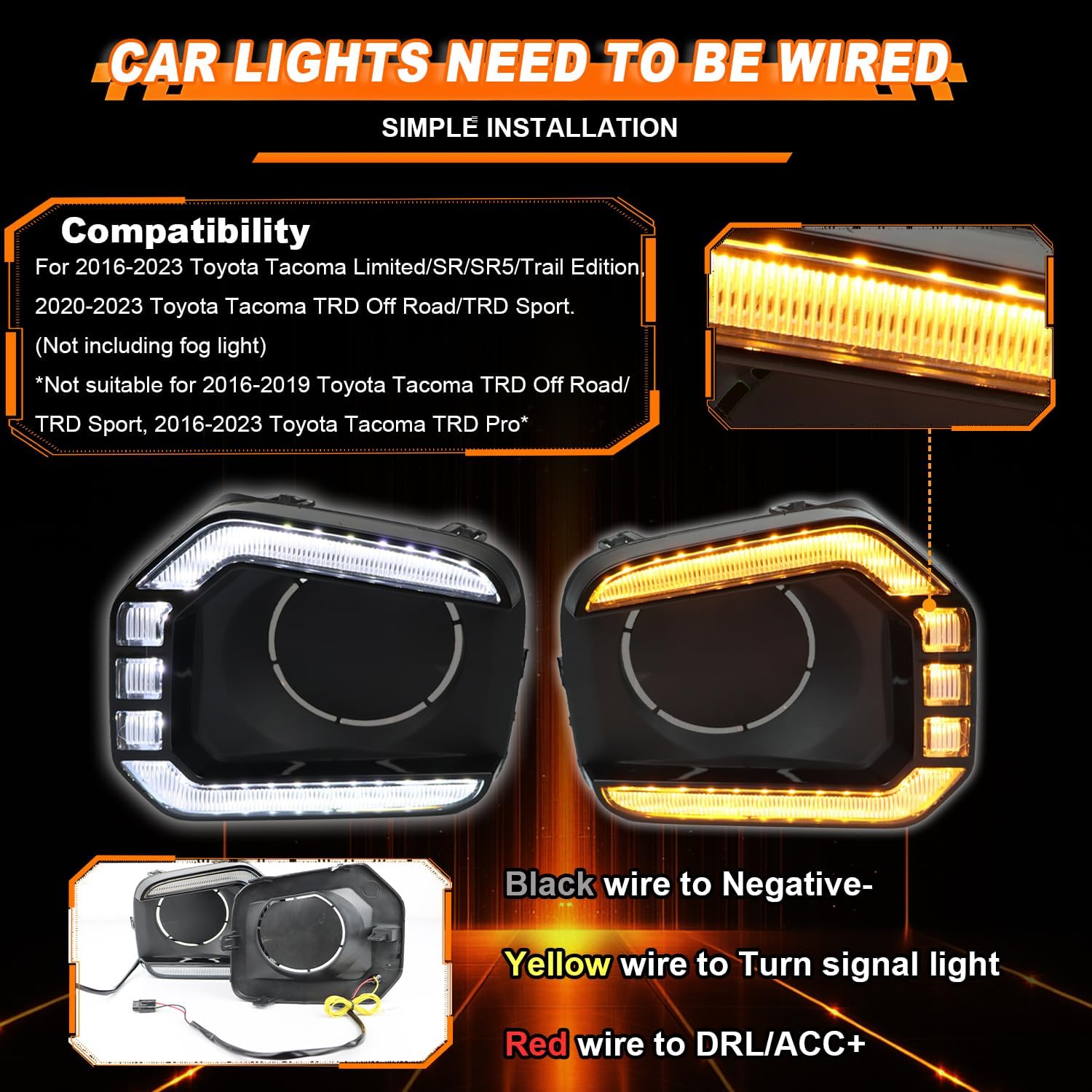 One Pair LED Front Bumper For Lights for 2016-2023 Toyota Tacoma SR/Limited/Trail Edition,LED Fog Lamp Bezel with White Daytime Running Light DRL, Amber Turn Siganl Light