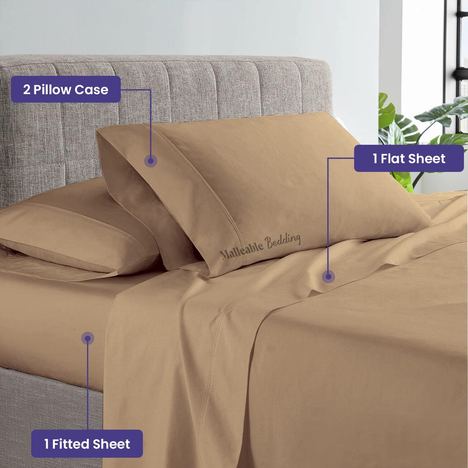 Top Split Flex Sheet Set for Adjustable Bed 32" Split Head Queen Size 600 TC Soft & Smooth Egyptian Cotton 4 Piece Set fits up to 15 Inch Deep Pocket Taupe