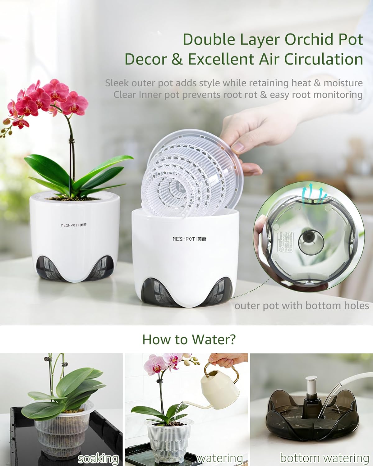 5 inch Orchid Pots with Holes for Repotting with Excellent Airflow, Set of 3, Double Layer Plastic Imitate Ceramic Orchid Planter, Clear Orchid Pot Match Decorative Orchid Container