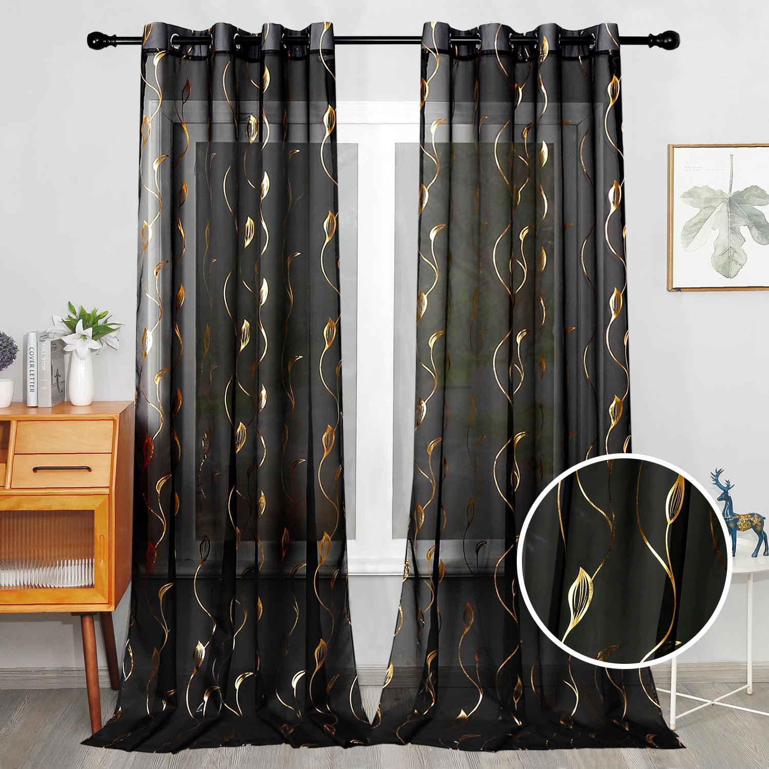 youleyar Gold Foil Print Voile Sheer Curtains, Wicker Grommet Top Window Drapes 96 Inches Long, Luxury Metallic Bronzing Treatment Panels for Home Window Decoration, 2 Panels(Black,52W x 96L)