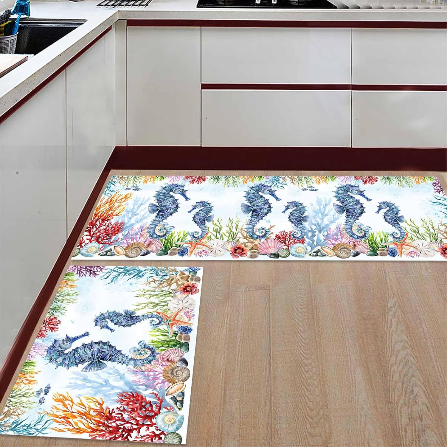 2 Pieces Kitchen Rugs and Mats,Ocean Blue Seahorse Coral Shell Starfish Area Runner Rug Set Non Slip Floor Doormat Washable Carpet Standing Mat for Kitchen Sink Indoor Corridor,Watercolor Marine Life