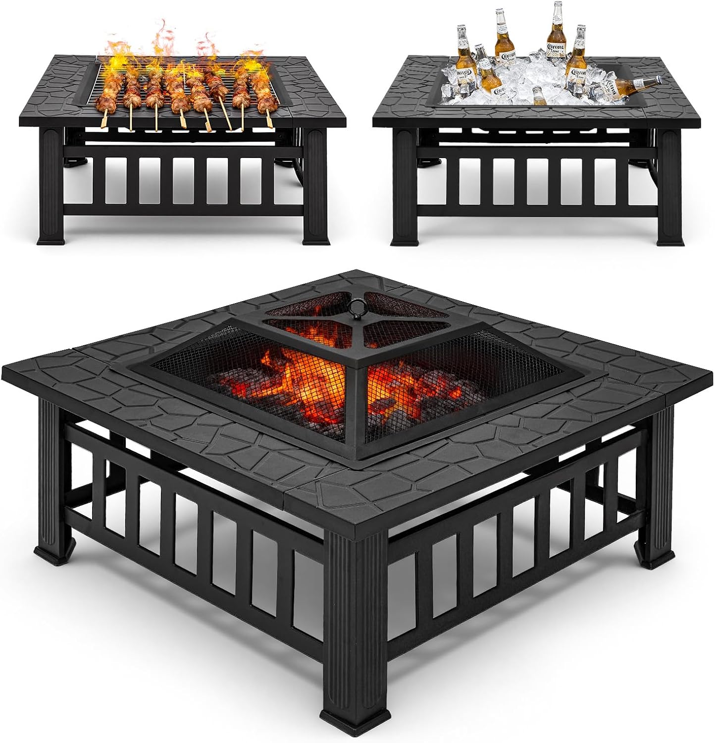 Warmiehomy Fire Pit For Garden, Outdoor Fire Pit Metal Wood Burning Square Firepits with Spark Protector Screen, Grate, Poker, Camping Firepit Table For Barbecue, Heating, Cooling (81L*81W*36H CM)