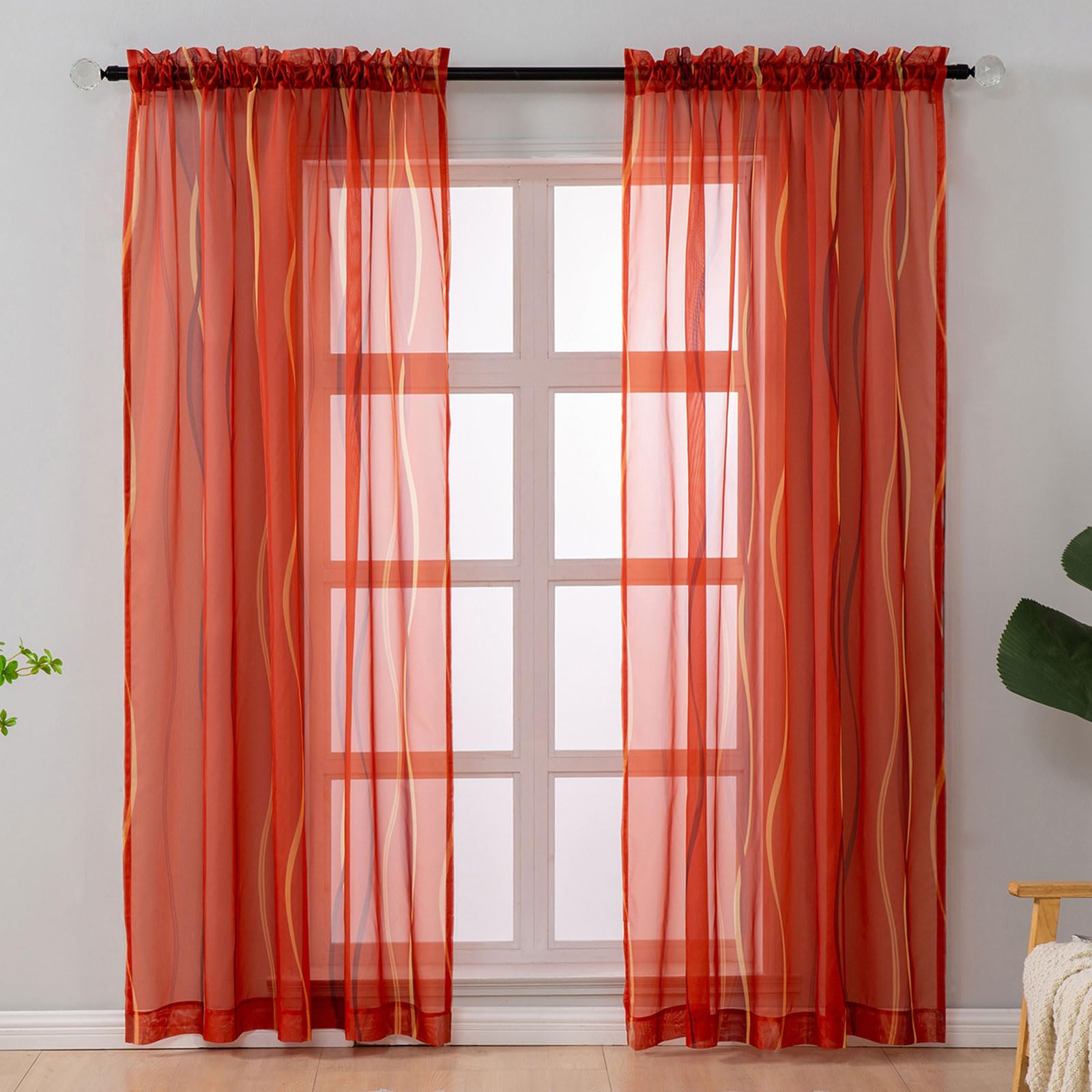 L.Z.E Burnt Orange Sheer Curtains 96 Inch Long 2 Panels Set for Living Room, Voile Sheer Curtains & Drapes for Bedroom Dining Room, Modern Rod Pocket Wave Pattern Window Sheers (55W x 96L)