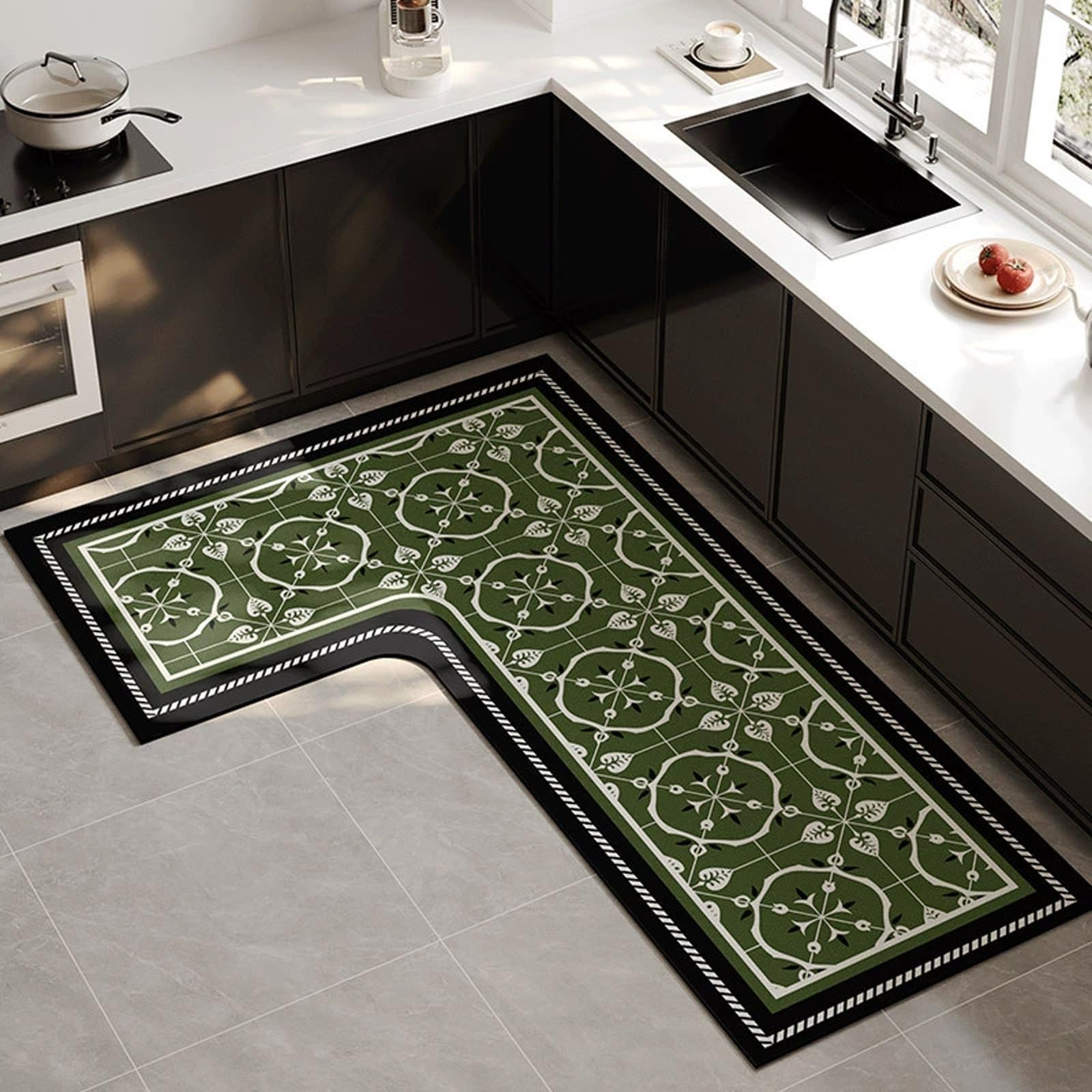 Tapis de cuisine en L vintage américain PVC vert 100x120cm antidérapant et imperméable