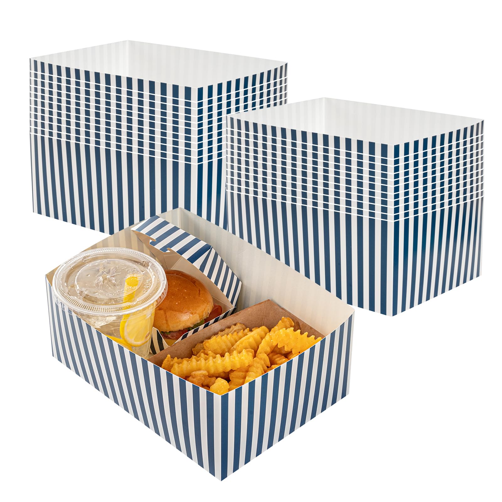 Bio tek Bandejas de Hamburguesas de 8.4 x 6.1 x 3.5 Pulgadas, 100 bandejas Desechables de Papel para Alimentos, sostenibles, Resistentes, bandejas de Aperitivos de película de Papel Azul y Blanco,