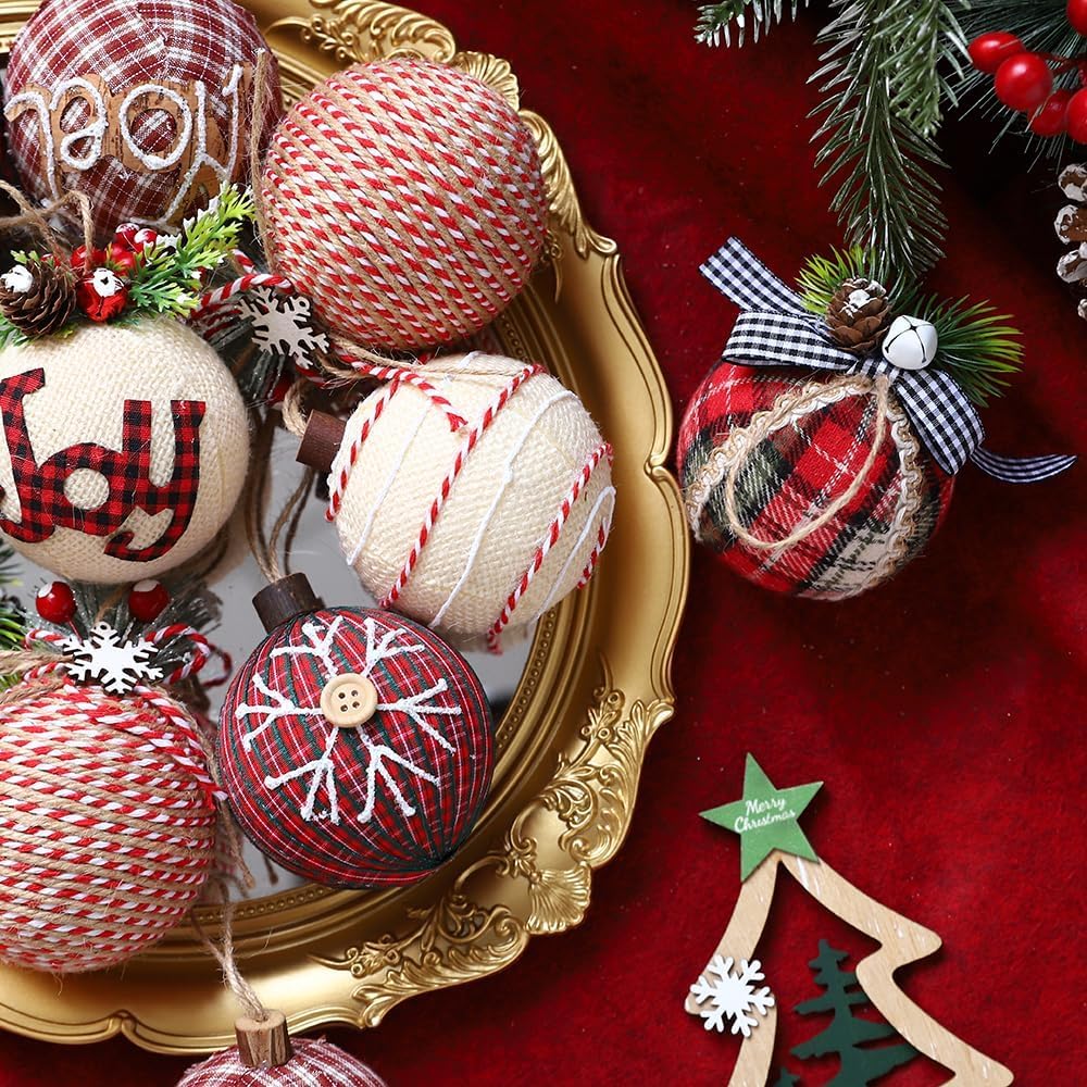 12Pcs Rustic Burlap Christmas Ornaments, 3.15inch Shatterproof Buffalo Plaid Christmas Tree Hanging Ornaments for Natural Farmhouse Xmas Tree Holiday New Year Home Party Decorations