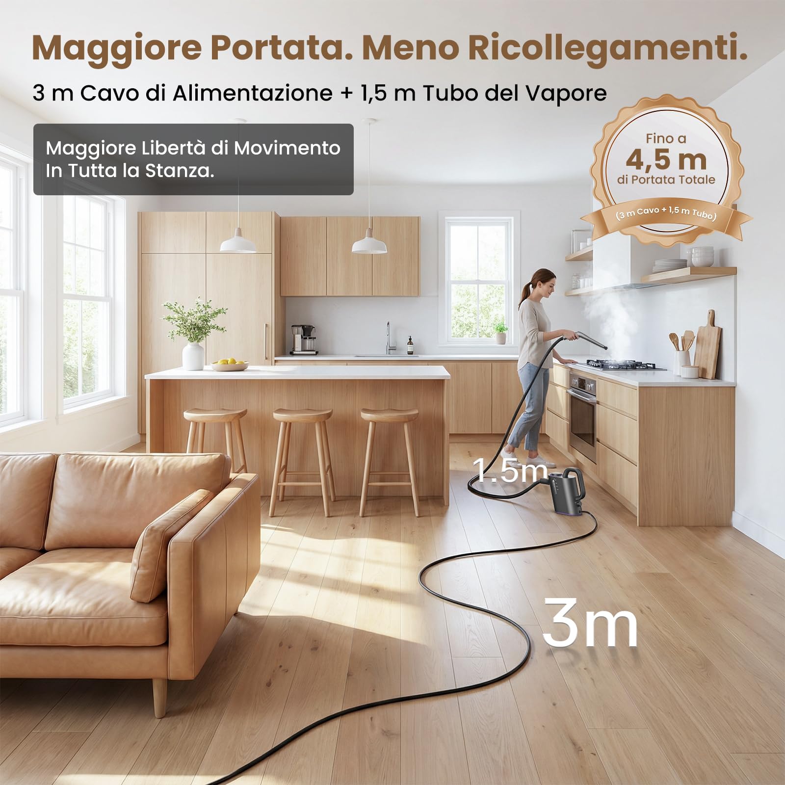 Pulitore a Vapore Portatile 15 Sec di Riscaldamento, 550 ml Serbatoio | con 16 Accessori Per Cucina, Bagno, Giunti, Finestre, Auto e Tappezzeria, Senza Prodotti Chimici,Vapore caldo a 100°C