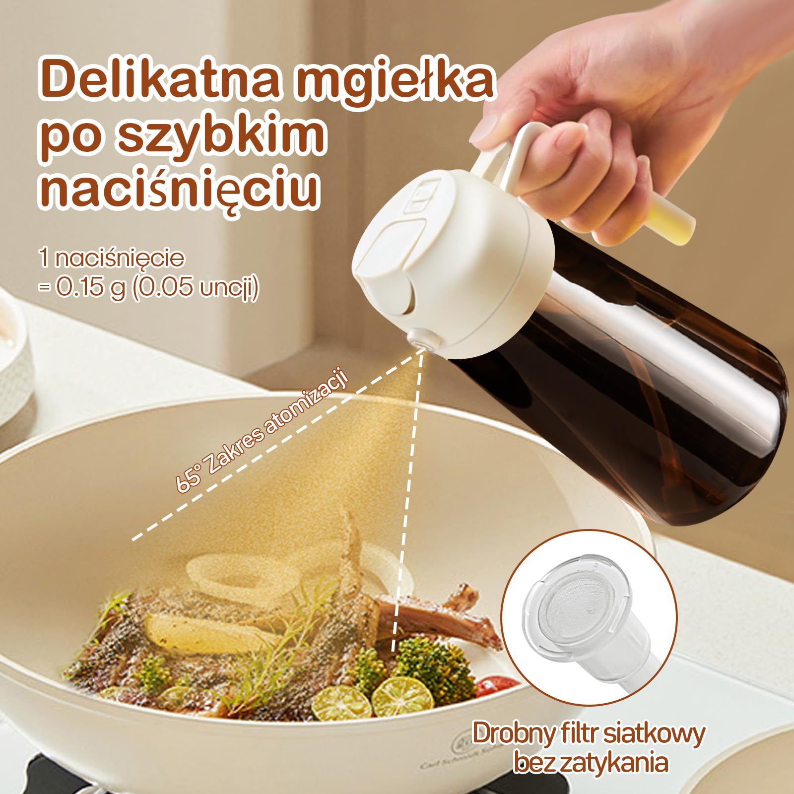 YARRAMATE blokujący światło rozpylacz ciemnego oleju do gotowania, 2 w 1 spryskiwacz do oleju do gotowania, 470 ml szklana butelka na olej, dozownik oleju i do kuchni smażenia BBQ (biały)