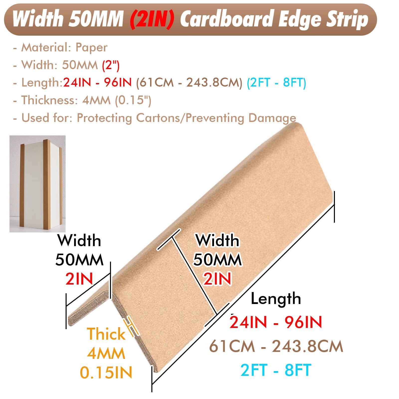 Karton-Eckenschutz, Kantenschutz aus Karton, 5 cm breit; Eckenschutzleisten Kraftpapier for Versandkartons und Kunststoffverpackungen, 61–213 lang, 100er-Packung(100 Pack,L 36in/91.4cm/3ft)