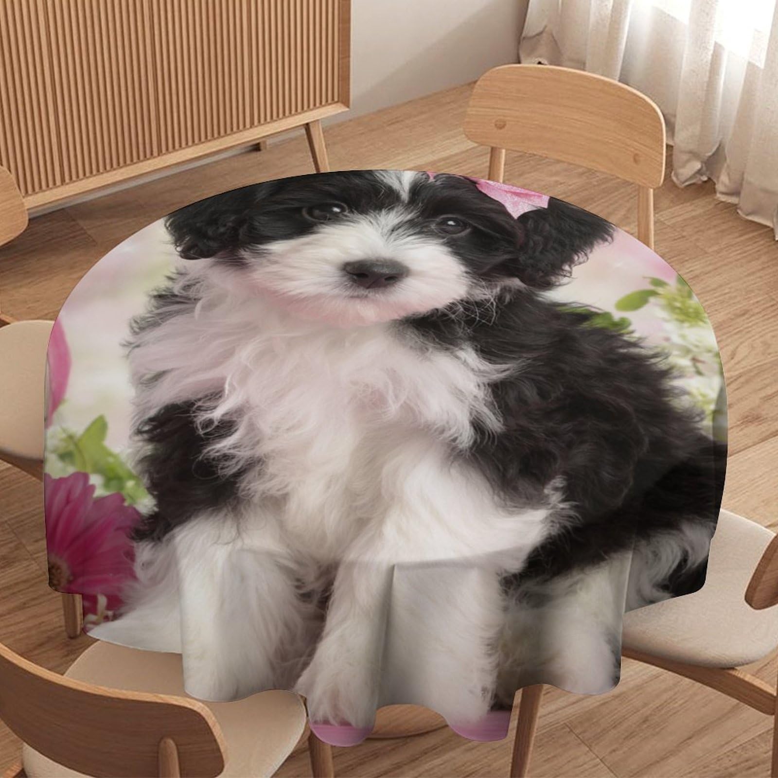 LUYYSKY Cute Colorful Dogs Puppies Waterproof Round Tablecloth Funny Abstract Plant Flowers Animals Dogs Pattern Washable Table Cover for Kitchen-152.4" Wx152.4 L cm