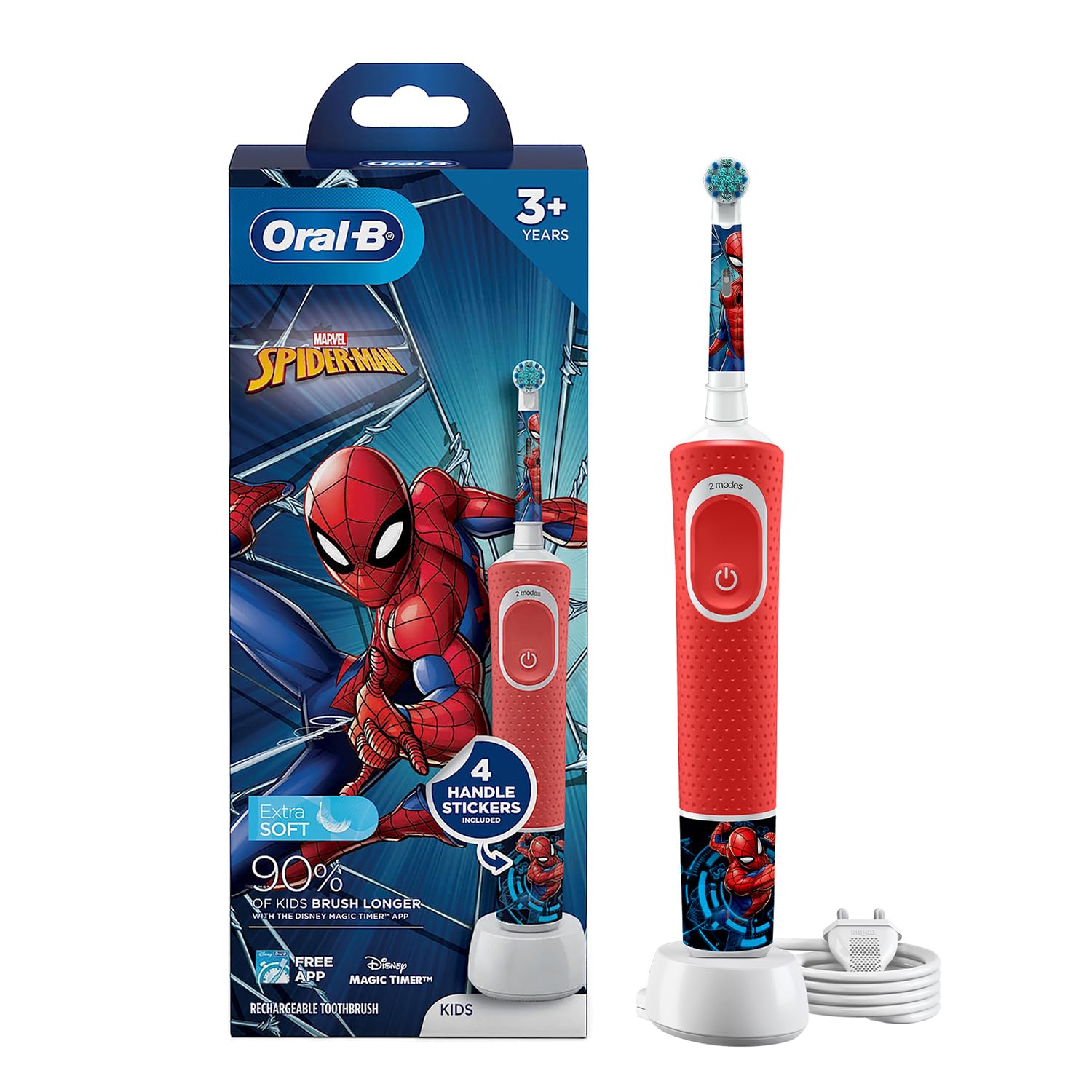 Oral-B Kids Spiderman Rechargeable Rotating Electric Toothbrush, 2 Brushing Modes (Daily & Sensitive), 2 Min Timer with Quadpacer, 2 Year Warranty by Oral B, IPX7 Water Resistant, Round Brush Head
