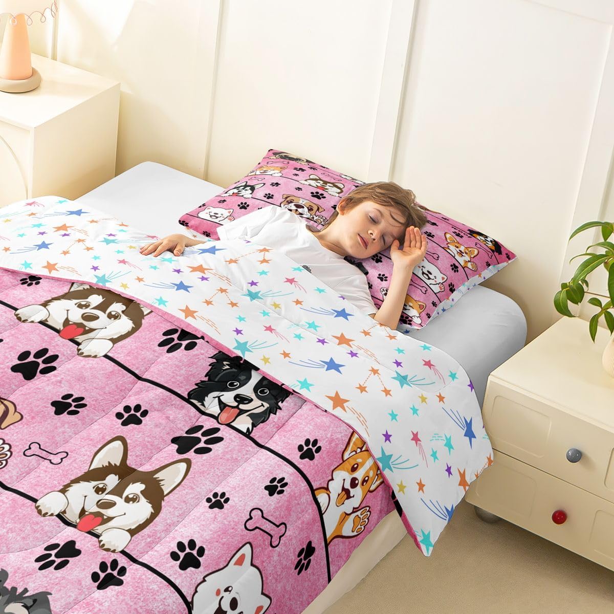 Manfei Cute Dog Kids Comforter Set Twin Size,Lovely Puppy Animals Paw Print Bedding Set for Teens Adults Bedroom Decor,Kawaii Cartoon Style Duvet Insert,Pink Quilted Duvet Set with 1 Pillowcase image 3