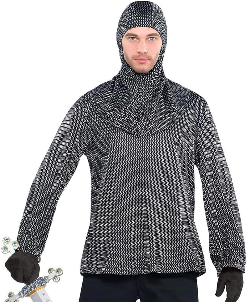 Mens Medieval Knight Chain Mail Look Tunic with Coif Hood Fancy Dress Accessory